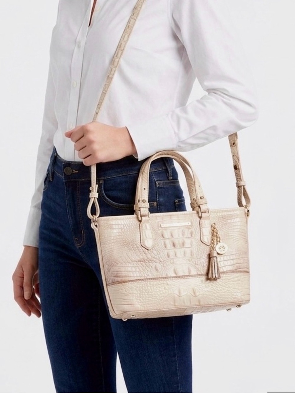 Brahmin Asher Champagne Croc Embossed Leather Satchel Crossbody Bag Gold Charm